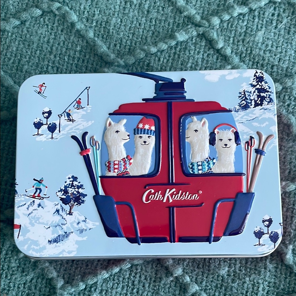 New Cath Kidston Red and Blue Alpaca Ski Lift Tin with Lip Gloss and Hand Cream